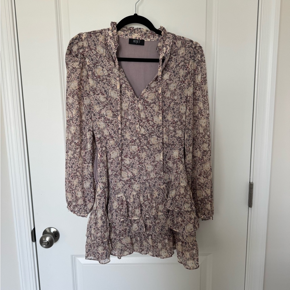 Floral Print Mini Dress - Cream and Purple